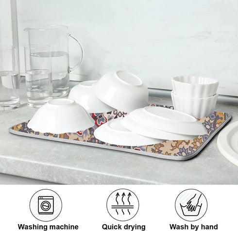 ElliTarr Brown Retro Boho Dish Drying Mat for Kitchen Counter, Microfiber Absorbent Dish Draining Mat, Large Kitchen Drying Mat Heat Resistant Drying Pad for Counter 18x24