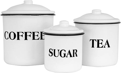 Creative Co-op Metal Containers with Lids, Coffee, Tea, Sugar (Set of 3 Sizes/Designs) Food Storage, White