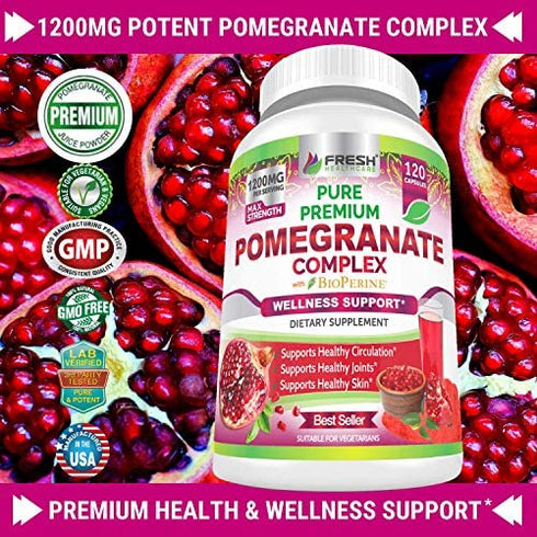 Premium Pomegranate Juice Powder Supplement 1200mg, Supports Healthy Blood Pressure, Joints, Skin & Anti Aging with Bioperine Black Pepper, Powerful Antioxidant with Vitamin C & K, 120 Vegan Capsules