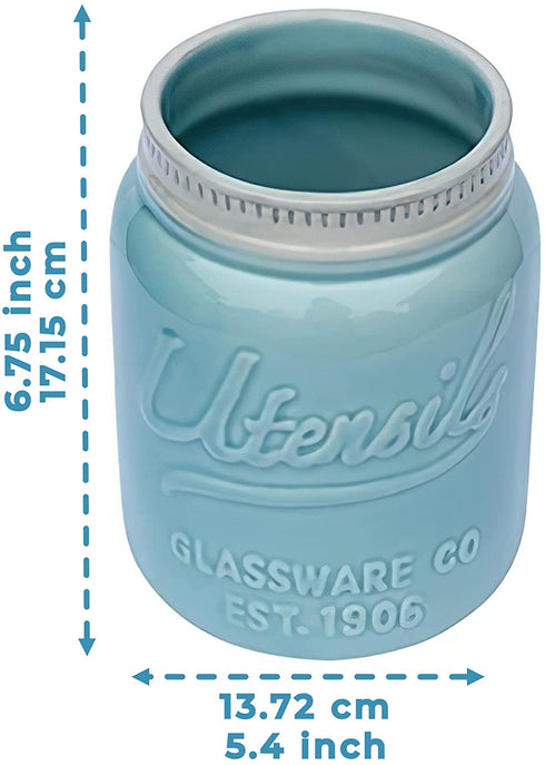 Comfify Wide Mouth Mason Jar Utensil Holder Decorative Kitchenware Organizer Crock, Chip Resistant Ceramic, Dishwasher Safe - Kitchen Caddy Aqua Blue for Countertop, Large Size 7" High