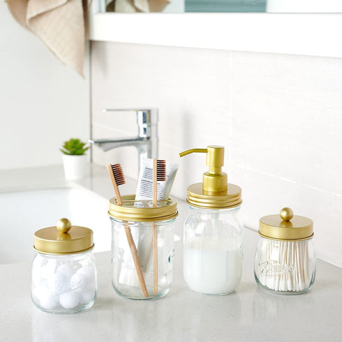 Amolliar Mason Jar Bathroom Accessories Set(4 Pcs) -Lotion Soap Dispenser & 2 Cotton Swab Holder &Toothbrush Holder-Rustic Farmhouse Decor,Countertop Vanity Organize?Bathroom Home Decor (Gold)