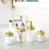 Amolliar Mason Jar Bathroom Accessories Set(4 Pcs) -Lotion Soap Dispenser & 2 Cotton Swab Holder &Toothbrush Holder-Rustic Farmhouse Decor,Countertop Vanity Organize?Bathroom Home Decor (Gold)