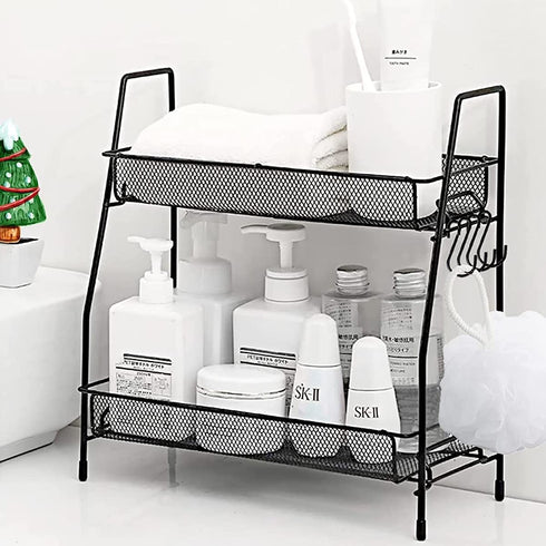 Yancorp Spice Rack Organizer for Countertop 2 Tier Bathroom Shelf Organizer with 4 Hooks Standing Storage Rack for Kitchen Bathroom Bedroom and Office (Black)