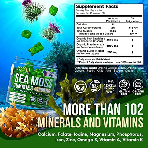 Organic Sea Moss Gummies for Adults & Kids - USA Made Irish Sea Moss Supplement - Raw Seamoss, Bladderwrack & Burdock for Immunity, Thyroid & Joints Support - 60 Non-GMO Seamoss Gummies Vegan