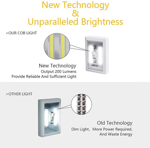 LED Night Light Switch, 200 Lumen Wireless COB LED Switch Light, Under Cabinet, Shelf, Closet, Garage, Kitchen, Stairwell and Emergency, Battery Operated, Batteries Included, 4 Pack