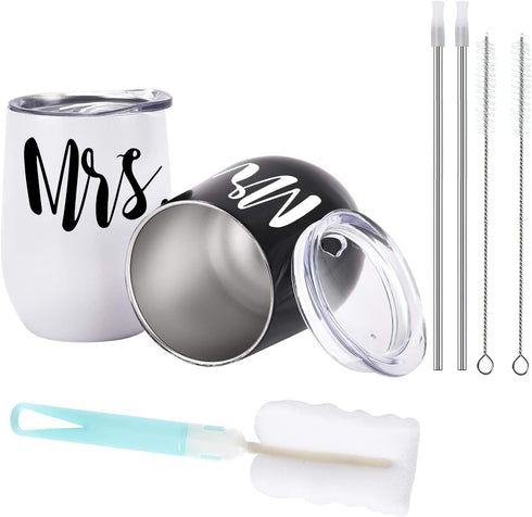 Mr and Mrs Wine Tumbler Set, Wedding Wine Tumbler, 12 Oz Insulated Stainless Steel Wine Tumbler for Newlyweds Couples Wife, Wedding Tumbler Idea for Bridal Showers Engagement, Set of 2