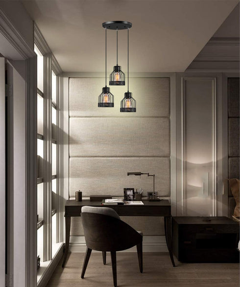 Licperron Pendant Light Fixtures 3-Light, Kitchen Light Fixtures, Edison Metal Caged Vintage Hanging Pendant Fixture for Kitchen Dining Room Bar Hotel, E26 Base