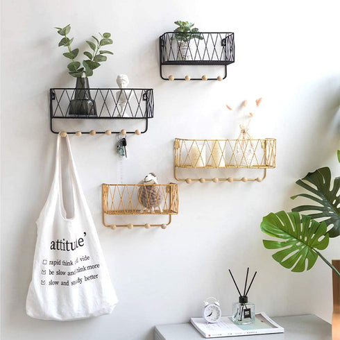 Wall Mount Storage Organizer Metal Mail Sorter Basket for Letter Magazine with 4 Wooden Hooks for Key Leash Bag Hat Coat at Entryway Hallway Mudroom Kitchen Bathroom Office (Black, Small)