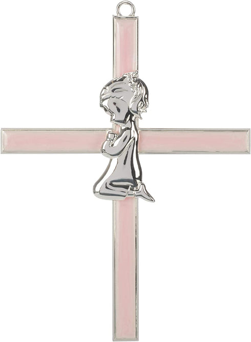 Girl Kneeling To Pray Soft Pink and Silver 6 inch Zinc Alloy Metal Wall Cross