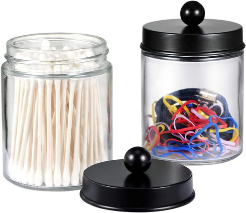 4 Pack Apothecary Jars Bathroom Vanity Storage Organizer Set -Countertop Canister with Stainless Steel Lids &Cute Stickers - Qtip Dispenser Holder for Qtips,Cotton Swabs,Makeup Sponges(Black)