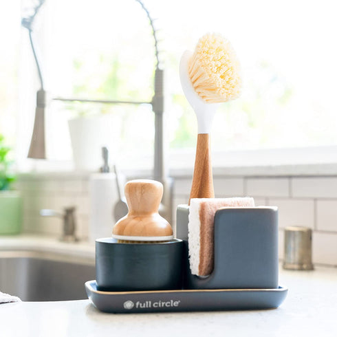 Full Circle Bubble Up Ceramic Soap Dispenser & Bamboo Dish Brush, White/Gray