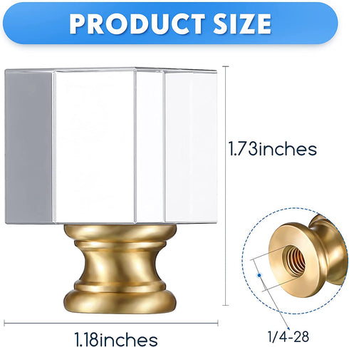 2 Pieces Cube Crystal Lamp Finial Clear Square Lamp Finial Cap Knob Top Knob Lamp Finial with Chromed Base for Lamp Shade Lamp Decoration, 1-4/5 Inches Tall (Clear, Gold)