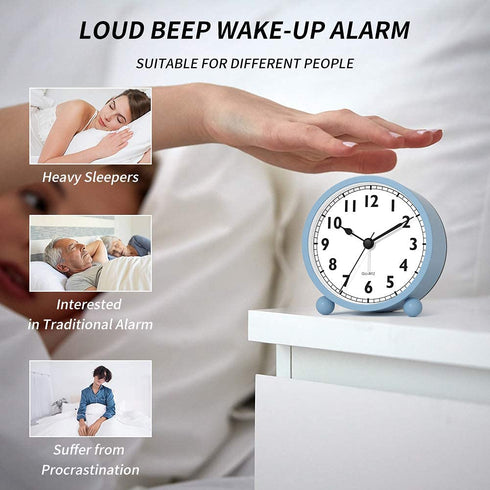 Kpin Silent Analog Alarm Clock with Night Light,Beep Sounds,Gentle Wake,Battery Operated,Easy Set (Blue, Small)