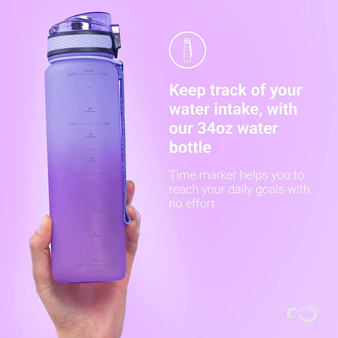 Live Infinitely 34 oz Gym Water Bottle with Time Marker - Fruit Infuser Screen BPA Free 1 Liter Water Bottle - Locking Flip Top Lid & Durable Travel Bottle Coating (Amethyst 34oz)