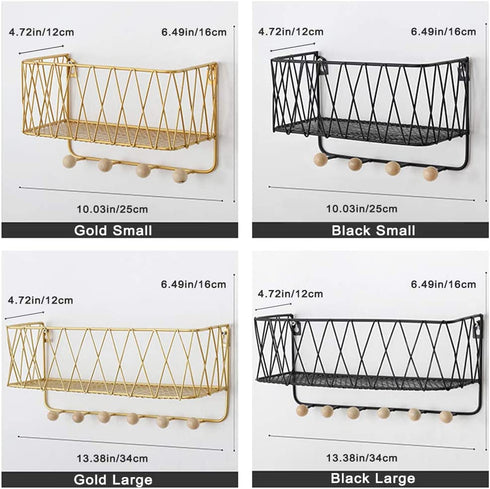 Wall Mount Storage Organizer Metal Mail Sorter Basket for Letter Magazine with 4 Wooden Hooks for Key Leash Bag Hat Coat at Entryway Hallway Mudroom Kitchen Bathroom Office (Black, Small)