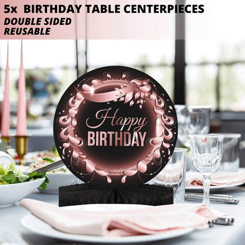 Birthday Table Centerpiece Decorations -5-Pack Double Sided Cardstock & Tissue Paper Honeycomb Happy Birthday Decoration - 12 Rose Gold Birthday Party Decorations Centerpieces for Table Decorations