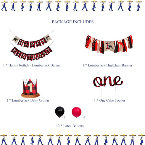 PRATYUS Lumberjack First Birthday Party Decoration, Buffalo Plaid Camping Wild Bear 1st Party Supplies With Birthday Banner and Garland,Baby Crown Hat and Cake Topper for Baby Girl Boy Photo Booth Props