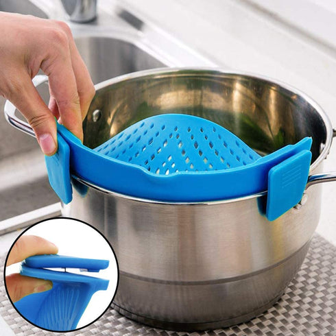 WeTest Heat Resistant Silicone Pot Strainer, Clip on Pots Pans, Pan Strainer for all Pots and Bowls - Blue