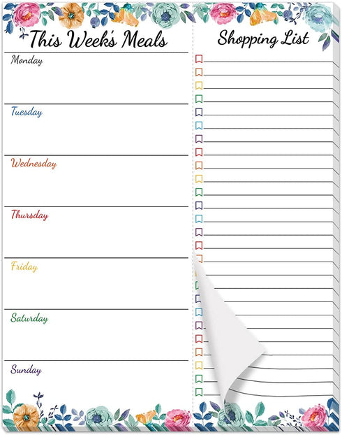 Weekly Meal Planner - Floral Magnetic Notepads for Refrigerator Meal Planning Pad with Tear Off Grocery List 52 weeks 7” X 9”