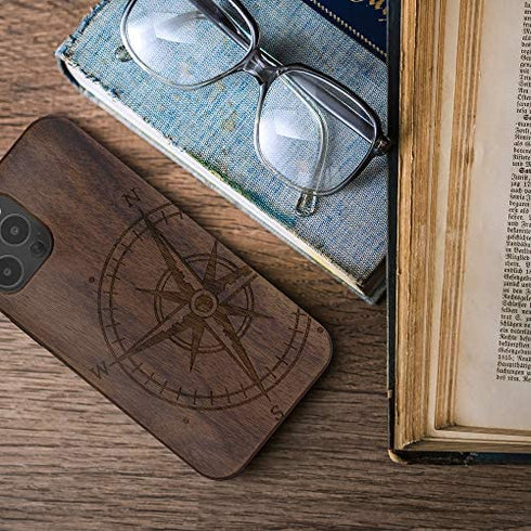 kwmobile Wood Case Compatible with Apple iPhone 12 Pro Max - Phone Case with TPU Bumper - Navigational Compass Dark Brown