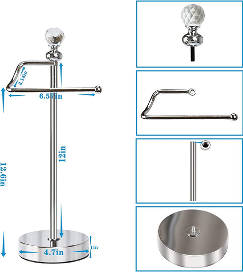 ROLABAM Towel Rack (with Crystal Finial) Hand Towel Holder Stand Total Height 15.7" for Bathroom Vanity Countertop, Kitchen, Steel Towel Holder Stand , Chrome
