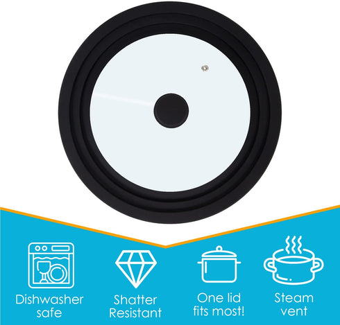 Houseables Pot Lid, Pan Cover, Universal, Silicon, Tempered Glass, Black, Fits 10", 11", 12", 4mm Thick, Vented, Replacement Top for Crockpot, Cast Iron Skillet, Heat Resistant Handle, Dishwasher Safe