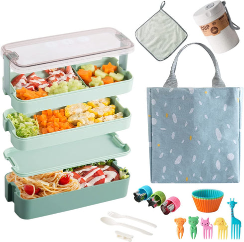 Bento Box Japanese Lunch Box Kit, 3-In-1 Compartment Stackable Bento Lunch Box for Kids and Adults, 17PCS 1100 ml Leakproof 3 Layer Meal Prep Eco-Friendly Lunch Container with Utensils (Green)