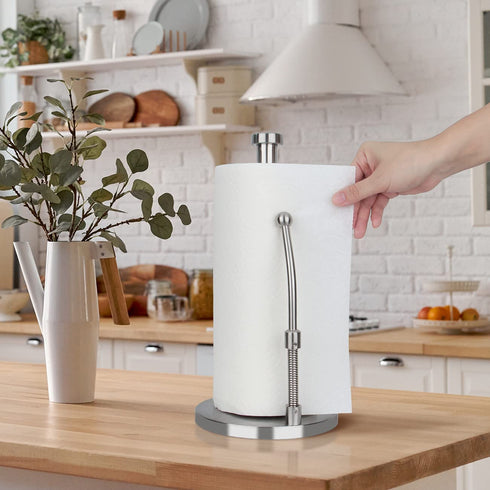 Easy Tear Paper Towel Holder Countertop, Stainless Steel Paper Towel Holder Standing, Weighted Paper Towel Holders Counter with an Adjustable Spring Arm Upright Vertical Paper Towels Organizer