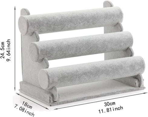 Triple Bracelet Holder Jewelry Display Stand Watch Bangle Bar Necklace Storage Organizer Gray ( Ice Velvet 3 Tier )