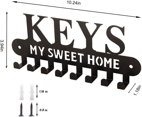Black Metal Key Holder Hooks with Sweet Home Decorative for Wall Mounted Decor to Hang Keys Scarves Pet Leashes in Front Door Kitchen Garage Campers and Cabin, 8 Hook Racks