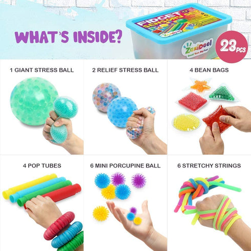 ZaxiDeel Sensory Toys for Autistic Children and Adults, 23 Pack Fidget Toys - Pop Tubes, Bean Bags, Giant Stress Ball, Squeeze Ball, Spiky Sensory Balls and Stretchy Strings Set