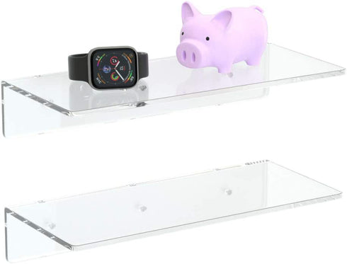 FEMELI Clear Acrylic Floating Wall Shelf for Figures Collections Plant Photo in Bedroom Living Room Office,Wall Mounted Storage Shelf 12 Inch,2 Pack