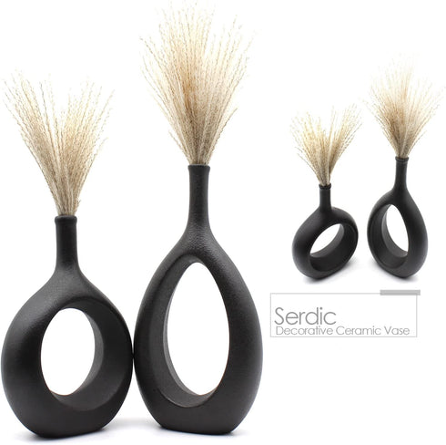 Serdic Ceramic Hollow Vase Modern Decorative Flower Vase for Wedding, Gifts, Kitchen, Living Room or Flower Shop 12.2inch Black