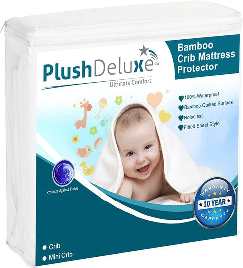 Mini Crib Mattress Protector 100% Waterproof, Without Noiseless Bamboo Quilted Ultra Soft White Terry Fitted Sheet Style (Mini Crib)
