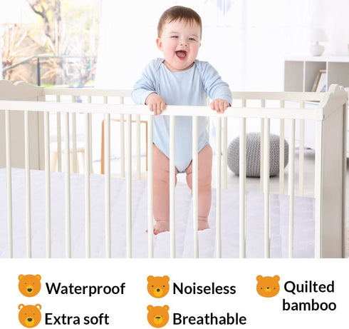 Mini Crib Mattress Protector 100% Waterproof, Without Noiseless Bamboo Quilted Ultra Soft White Terry Fitted Sheet Style (Mini Crib)