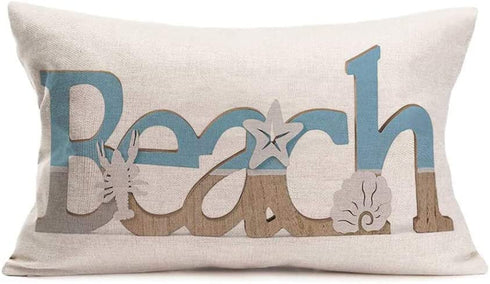 Qinqingo Beach Waist Lumbar Throw Pillow Case Summer Coastal Theme Lobster Starfish Shell Decorative Cushion Cover Cotton Linen Pillowcase for Sofa Home Decor Rectangle 12x20 Inches (VD-7)