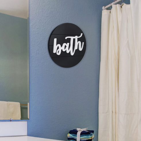 Modern Rustic 3D Bath Sign,Shiplap Farmhouse Bathroom Round Sign for Wall Hanging Decor, Handcrafted €œBath Sign Home Wooden Sign (Matt Black)
