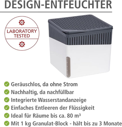 WENKO Portable Dehumidifier, Compact and Rechargeable, Moisture Absorber for Bathroom, Bedroom, Garage, Closet, 2800 Cubic Feet, 2.2lbs, White, 6.18 x 6.5 x 6.5, Large