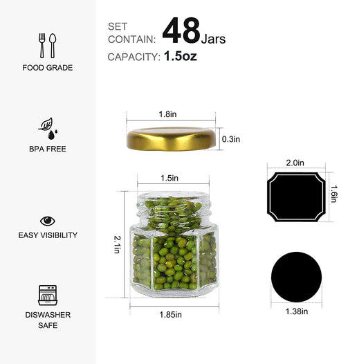 1.5 oz Hexagon Glass Jars with Golden Lids.Set of 48 Pack Mini Canning Jars Containers for Spice Jam,Jelly, Wedding Favors, Honey And More. Small Jars.Include 1 Chalk Pen and 80 Labels.