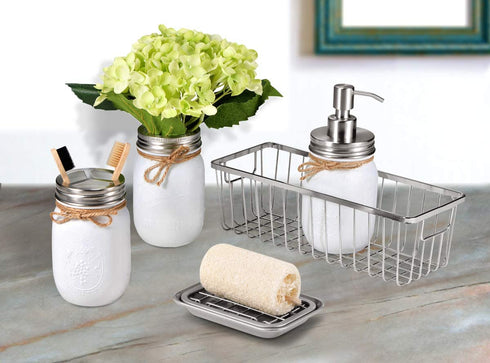 Mason Jar Bathroom Set?5 PCS?- Soap Dispenser, Toothbrush Holder & Flower Vase,Storage Organizer Basket & Soap Dish ,Vanity Organizer Bathroom Kitchen Farmhouse D©cor (5, Brushed Nickel)