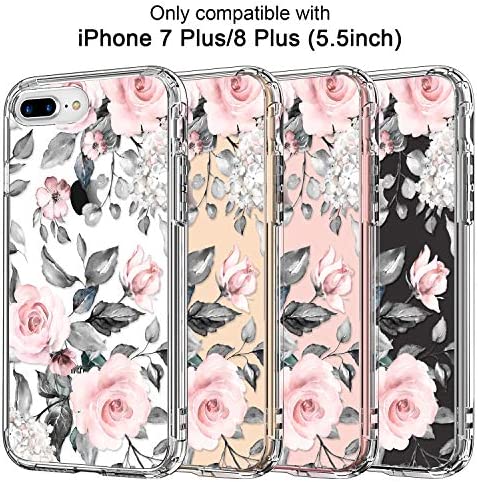 ICEDIO iPhone 8 Plus Case,iPhone 7 Plus Case with Screen Protector,Floral Designs for Girls Women,Shockproof Protective Phone Case for iPhone 8 Plus/7 Plus Pink Flowers Grey Leaves