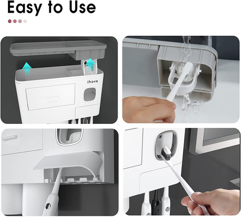 iHave Toothbrush Holders for Bathrooms, 2 Cups Toothbrush Holder Wall Mounted with Toothpaste Dispenser, Large Capacity Tray, Cosmetic Drawer and 6 Brush Slots with Cover Tooth Brush Holder