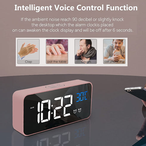 LATEC Alarm Clocks, Large LED Digital Alarm Clock with Temperature, Snooze, USB Charging and Dual Alarms Multi Ringtones for Bedroom, Bedside, Living Room, Office (Pink)