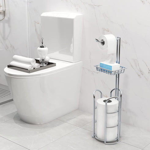 Toilet Paper Holder Stand with Reserve and Dispenser for 4 Mega Rolls, Bathroom Freestanding Toilet Tissue Paper Roll Storage with Cell Phone Shelf, Chrome