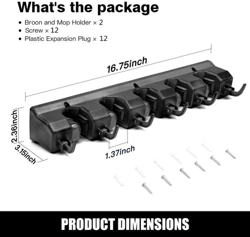 2 Pack Imillet Mop and Broom Holder, Wall Mounted Organizer Mop and Broom Storage Tool Rack with 5 Ball Slots and 6 Hooks (Black)