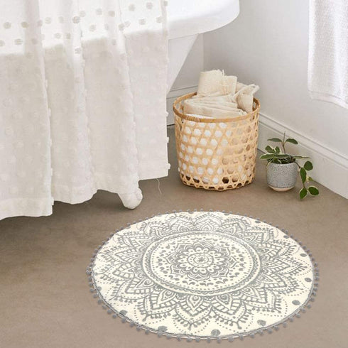 Uphome Small Round Rug 2™ Boho Beige and Grey Bathroom Rug with Pom Poms Fringe Washable Mandala Circle Shower Mat Soft Non-Slip Cute Circular Throw Rug for Sink Powder Room Kids Room Nursery