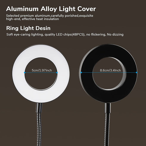 Clip on Desk Lamps,48 LEDs 360°Flexible Gooseneck Reading Table Light,3 Color Modes, 10 Dimmable Brightness, Eye-Caring USB Clamp Books Night Light for Home, Office, Dorm, Study, Work (Black)