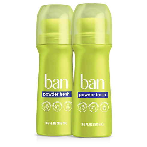 Ban Powder Fresh 24-hour Invisible Antiperspirant, Roll-on Deodorant for Women and Men, Underarm Wetness Protection, with Odor-fighting Ingredients, 3.5 Fl Oz (Pack of 2)
