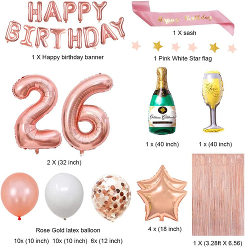 Fancypartyshop 26th Birthday Decorations - Rose Gold Happy Birthday Banner and Sash with Number 26 Balloons Latex Confetti balloons Ideal for Girl and Women 26 Years Old Birthday Rose Gold