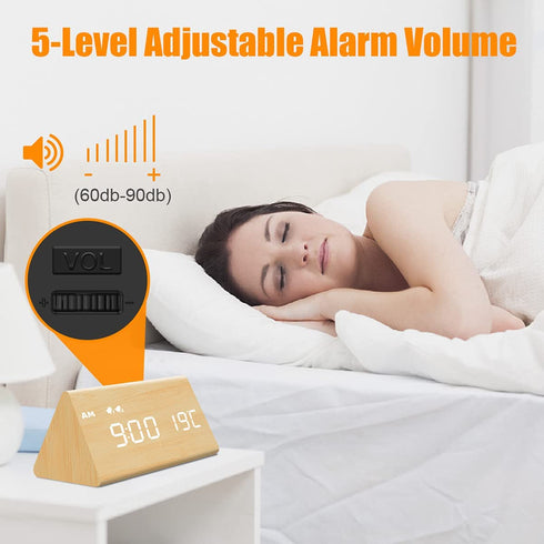 MOSITO Wooden Digital Alarm Clock with 0-100% Dimmer, Dual Alarm, Weekday /Weekend Mode, Snooze, Wood Made LED Clocks for Bedroom, Bedside, Desk, Kids (Bamboo)